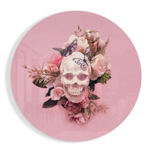 Pink Roses Butterfly Skull Glass Wall Art