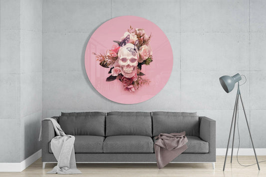 Pink Roses Butterfly Skull Glass Wall Art