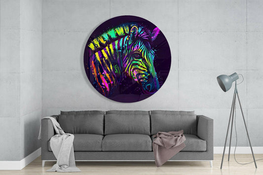 Round Rainbow Zebra Paint Drips Glass Wall Art