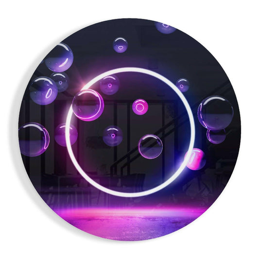 White Neon Circle Violet Bubbles Glass Wall Art