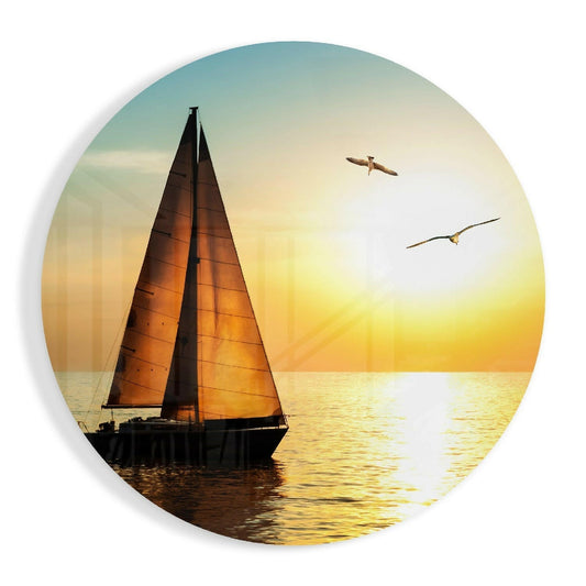 Round Amber Sunset Sailboat Seascape Glass Wall Art
