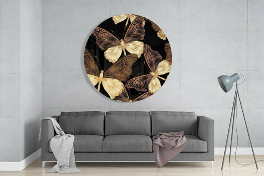 Round Gold Butterfly Swarm Glass Wall Art
