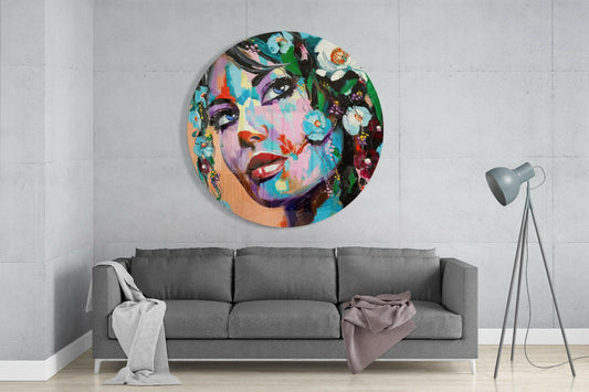 Blue Eyed Round Floral Crown Woman Glass Wall Art
