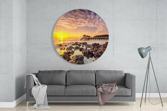 Round Golden Pier Sunrise Over Rocks Glass Wall Art