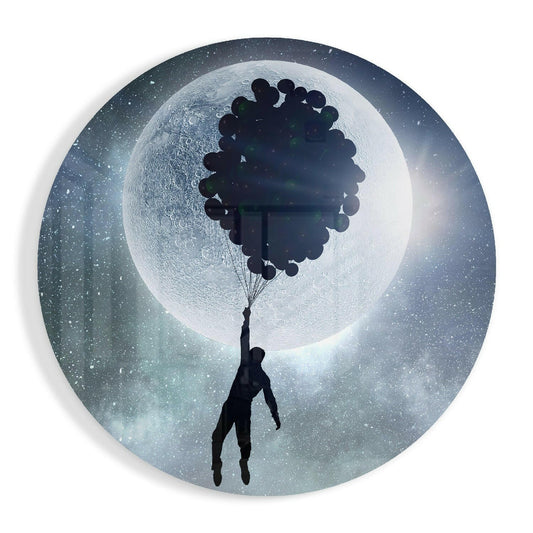 Round Moon Balloon Cluster Flight Glass Wall Art
