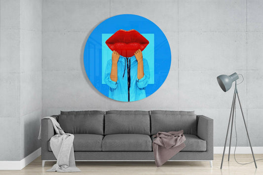 Round Red Lips Face Blue Pop Glass Wall Art