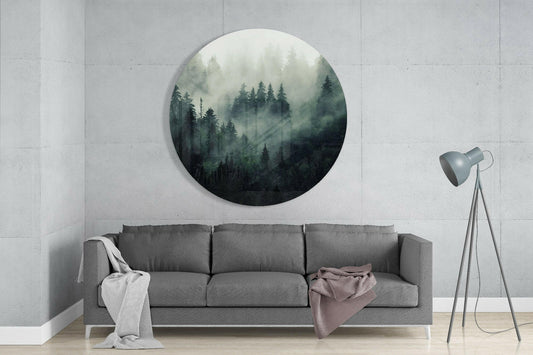 Round Misty Evergreen Forest Glass Wall Art