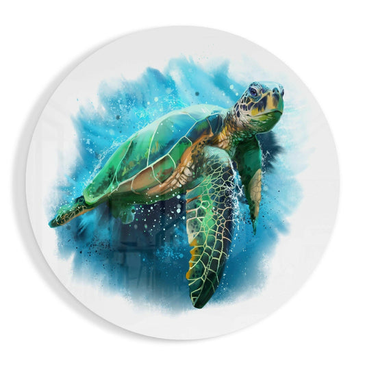 Round Blue Ink Sea Turtle Glass Wall Art