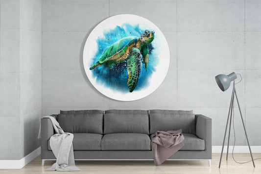 Round Blue Ink Sea Turtle Glass Wall Art