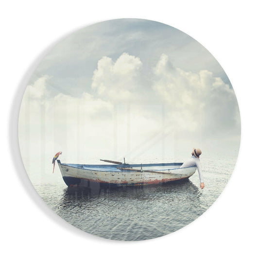 Circular Dreamy Sea Boat Scene Glass Wall Art