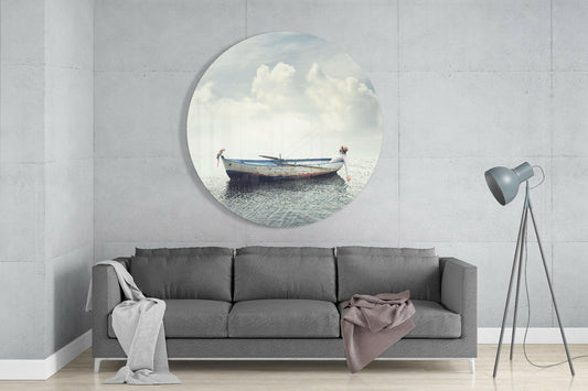Circular Dreamy Sea Boat Scene Glass Wall Art
