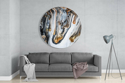 Round Gold Drip Black Marble Glass Wall Art