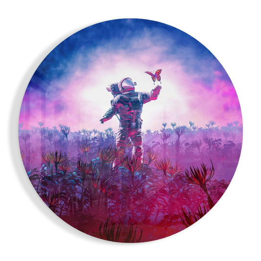 Round Magenta Bloom Field Astronaut Glass Wall Art