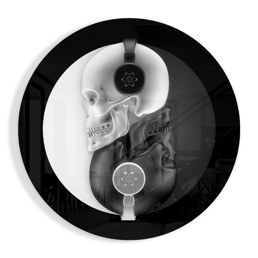 Round Monochrome Skull Headphones Glass Wall Art
