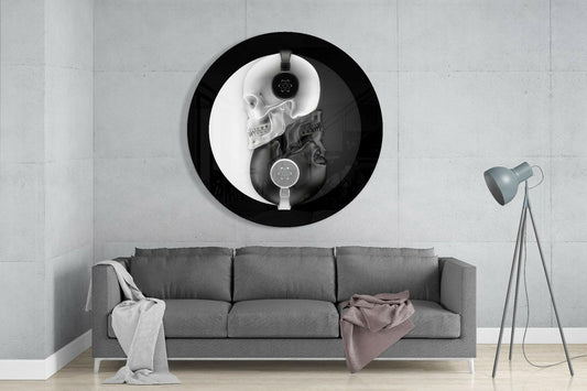 Round Monochrome Skull Headphones Glass Wall Art
