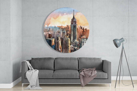 Round Watercolor Sunset Skyline New York Glass Wall Art