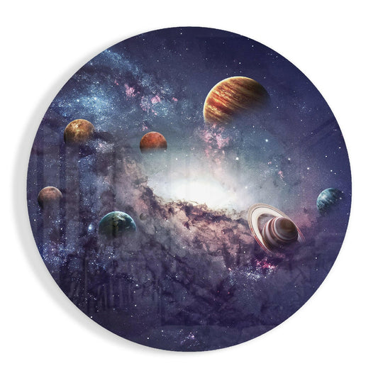 Round Solar System Planets Nebula Glass Wall Art