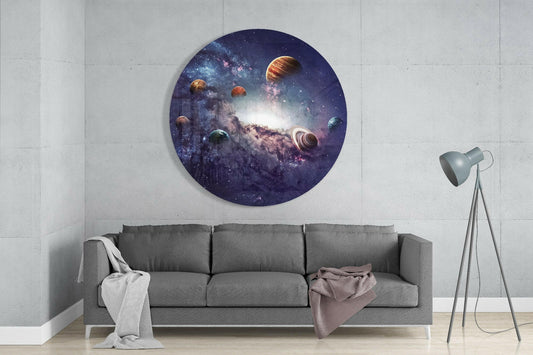 Round Solar System Planets Nebula Glass Wall Art