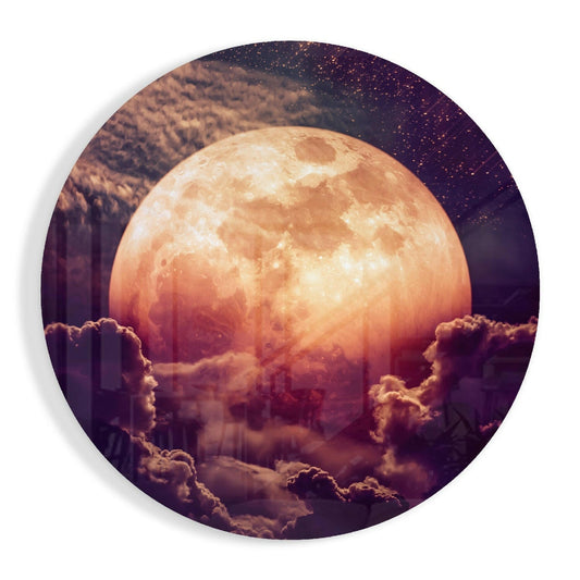 Round Glowing Moon In Purple Sky Glass Wall Art