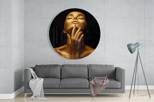 Round Golden Serenity Woman Glass Wall Art