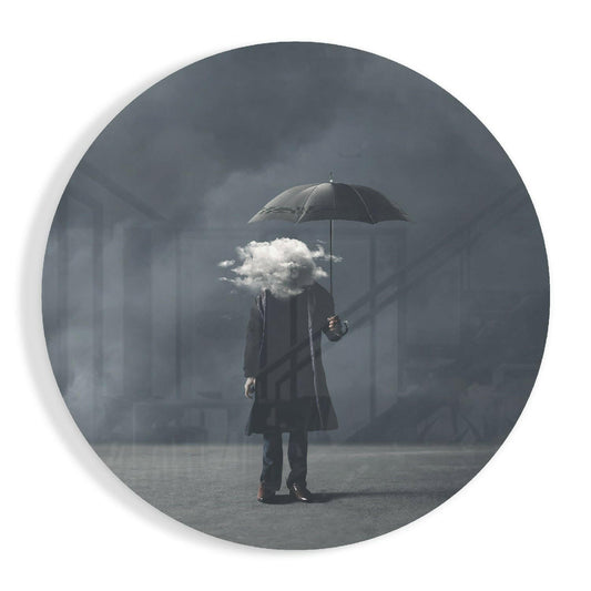 Round Cloud Head Man In Gray Mist Glass Wall Art