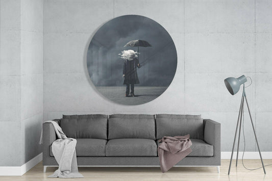 Round Cloud Head Man In Gray Mist Glass Wall Art