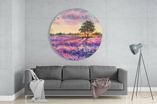 Watercolor Lavender Meadow Flying Birds Glass Wall Art