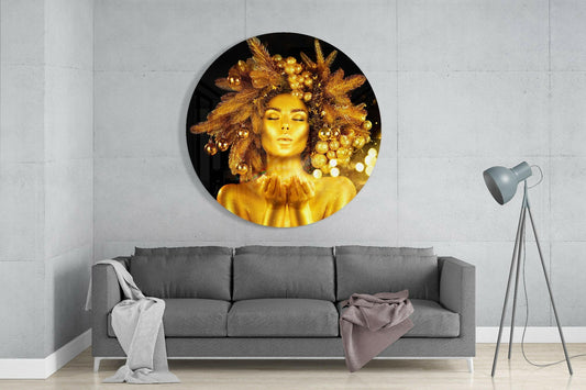 Round Gold Crown Woman Glass Wall Art