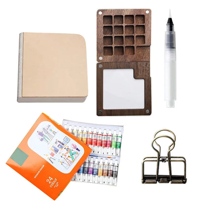 Travel Paint Palette Mini Watercolor Palette Set with Clip Portable Watercolor Set Wooden Grid Box