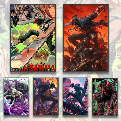 Chainsaw Man Self-adhesive Poster Wallpaper, Anime Wall Art Home Decoration Painting For Bedroom Computer Decor (Frames Not Included)