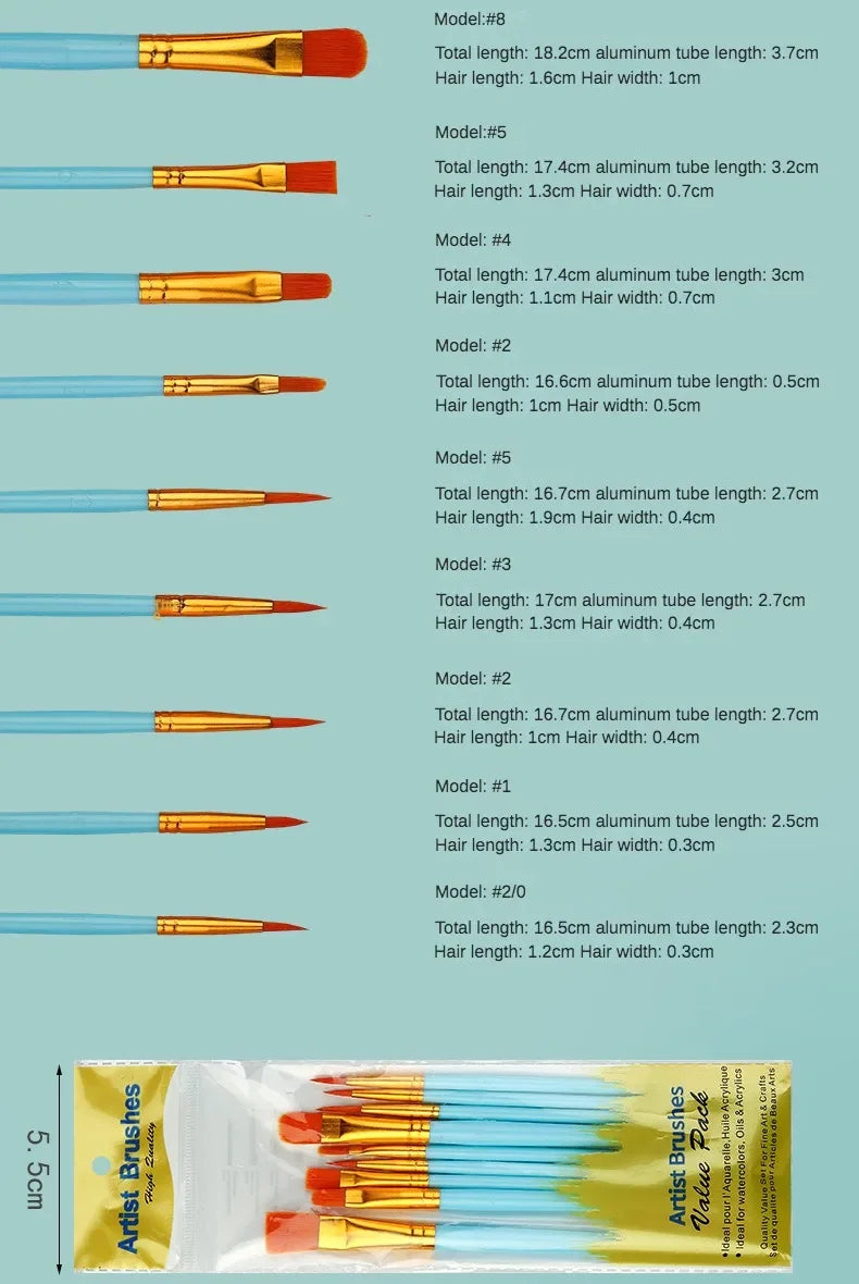 10-Piece Watercolor Brush Set – Multi-Functional Nylon Hair Brushes for Gouache, Oil & Acrylic Painting