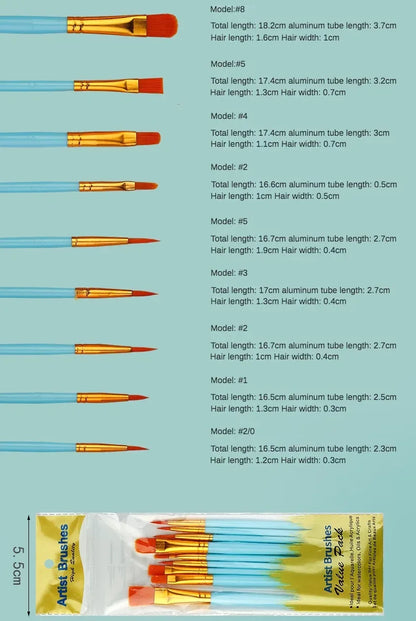 10-Piece Watercolor Brush Set – Multi-Functional Nylon Hair Brushes for Gouache, Oil & Acrylic Painting