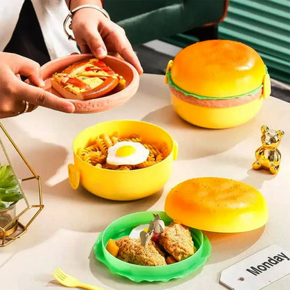 Cute Kawaii Double-Tier Burger Bento Box for Kids, Microwave Safe Fun and Functional Lunchware