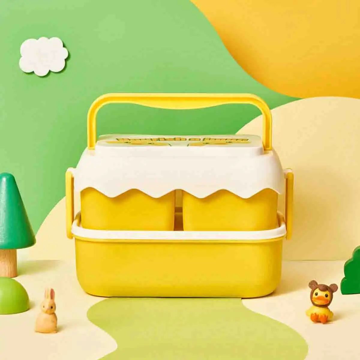 Double-Layer Fruit Lunch Box, Household Tableware Outdoors Portable Bento Box with Spork And Spoon