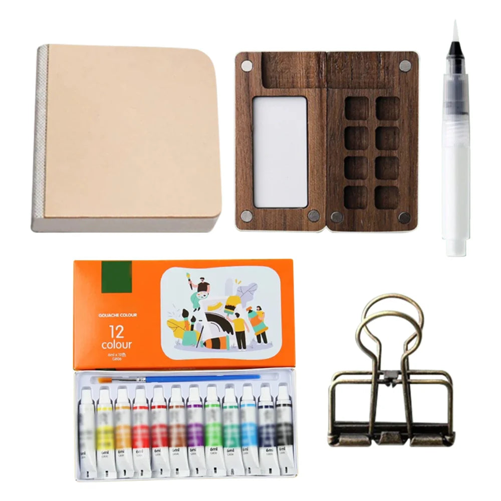 Travel Paint Palette Mini Watercolor Palette Set with Clip Portable Watercolor Set Wooden Grid Box