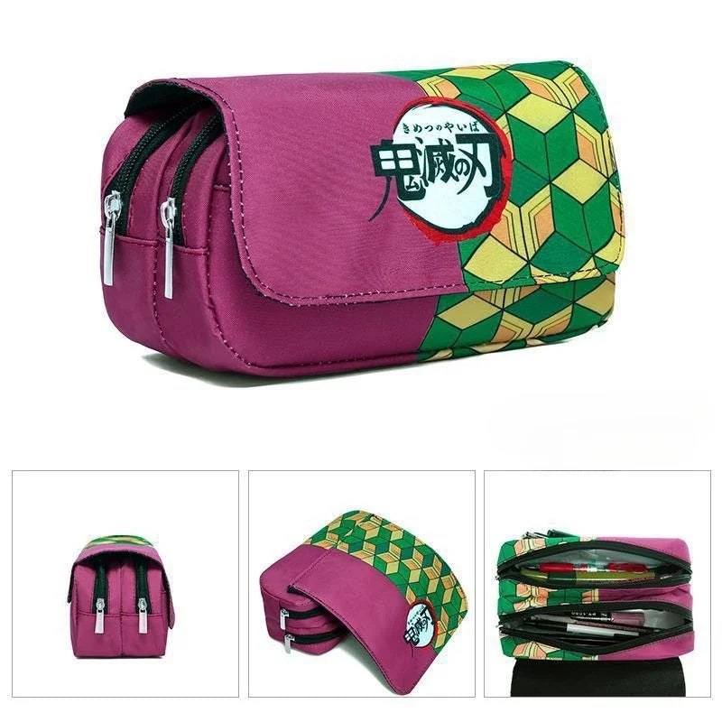 Anime Demon Slayer Pencil Case: Student Bilayer Storage Bag, Cartoon Pen Box, Cosplay Props Accessories