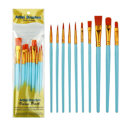 10-Piece Watercolor Brush Set – Multi-Functional Nylon Hair Brushes for Gouache, Oil & Acrylic Painting