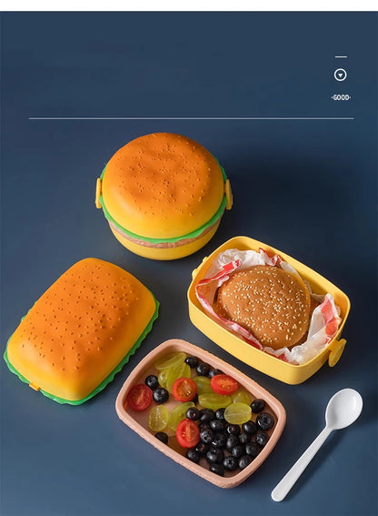 Cute Kawaii Double-Tier Burger Bento Box for Kids, Microwave Safe Fun and Functional Lunchware