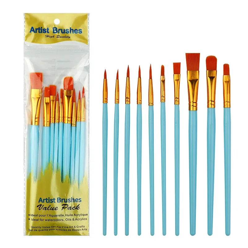10-Piece Watercolor Brush Set – Multi-Functional Nylon Hair Brushes for Gouache, Oil & Acrylic Painting