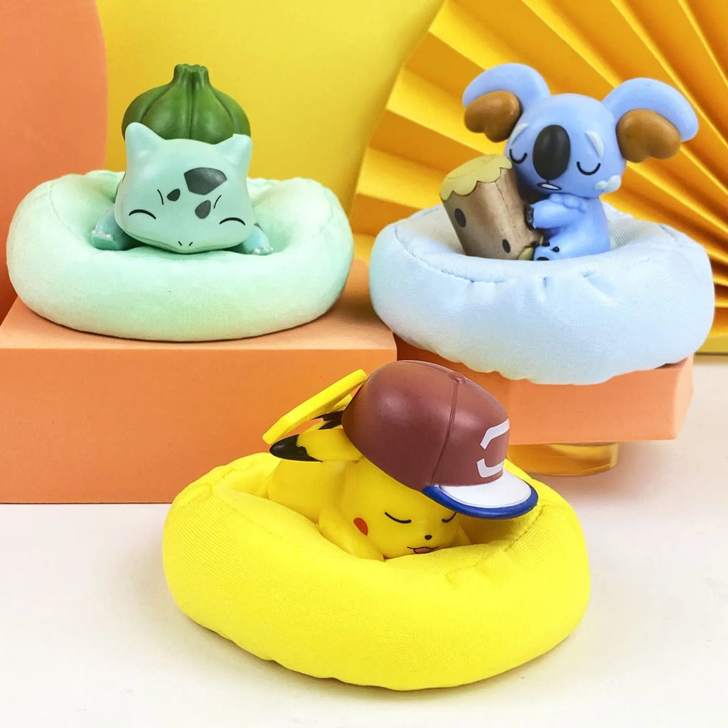 Mini Pokemon Anime Figurines, Sleeping Bean Bag Pikachu Bulbasaur Snorlax Evee Jirachi Komala 6pc Figure Set