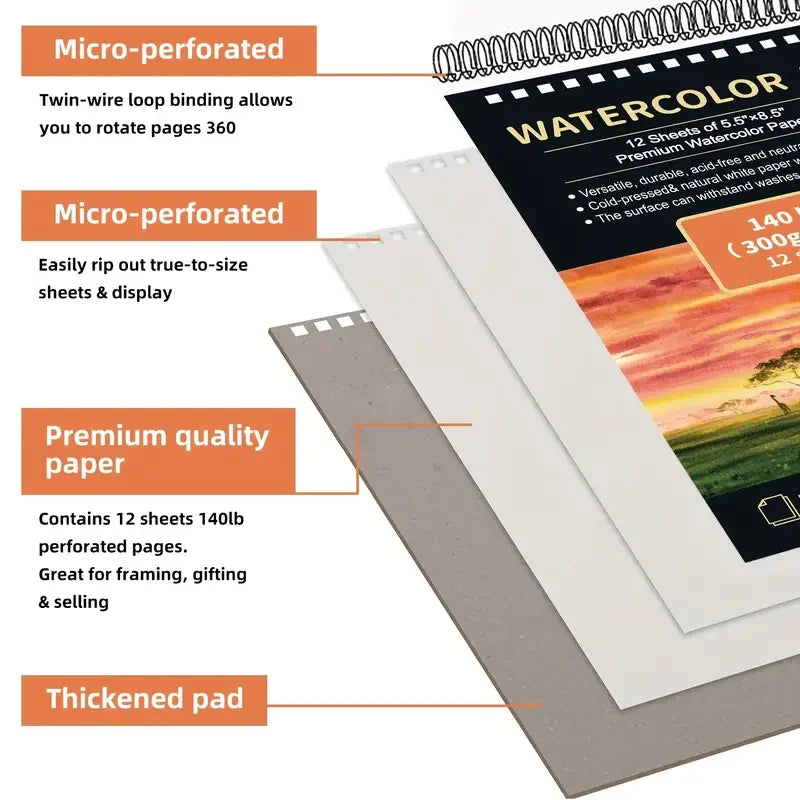 12 Sheets 2 PCS Watercolor Sketchbook 14.81 x 21.01 cm, Cold Press Paper (63.5KG/300gsm) Spiral Bound
