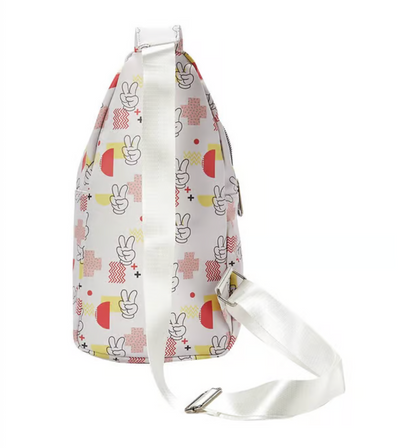 Disney Vegan Leather Crossbody Sling Bag, Mickey Mouse Peace Fingers Applique and Icons Collage, White, 7" x 14"