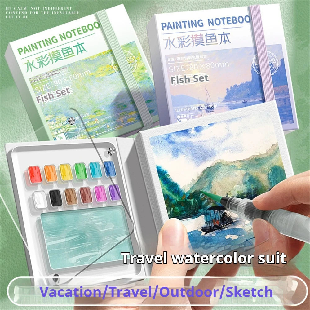 Portable Mini Watercolor Sketchbook with Paint Tray - 50 Sheets, Medium Thick Paper, Ideal for On-the-Go (Paint Not Included)