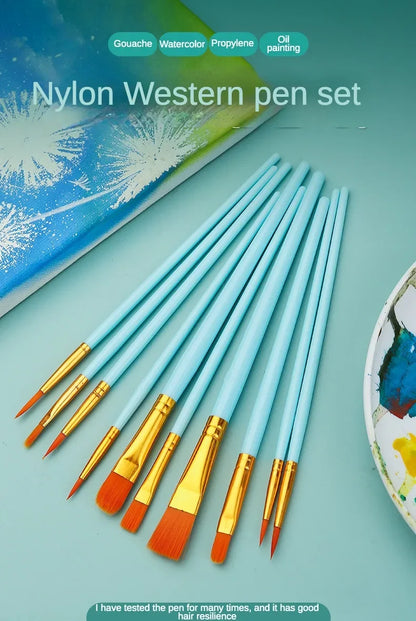 10-Piece Watercolor Brush Set – Multi-Functional Nylon Hair Brushes for Gouache, Oil & Acrylic Painting
