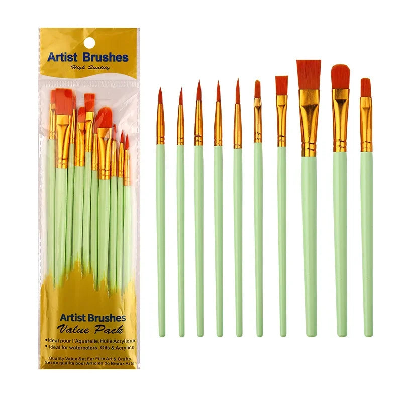 10-Piece Watercolor Brush Set – Multi-Functional Nylon Hair Brushes for Gouache, Oil & Acrylic Painting
