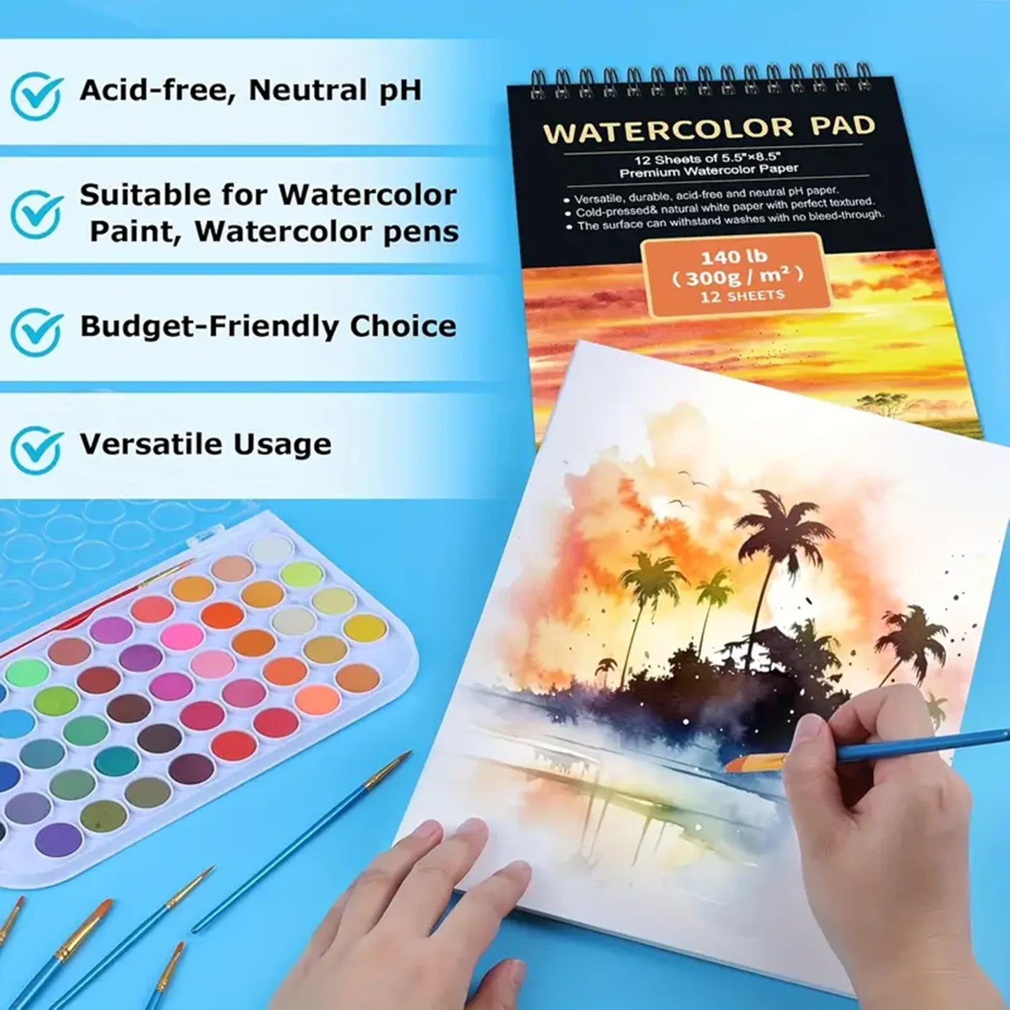 12 Sheets 2 PCS Watercolor Sketchbook 14.81 x 21.01 cm, Cold Press Paper (63.5KG/300gsm) Spiral Bound
