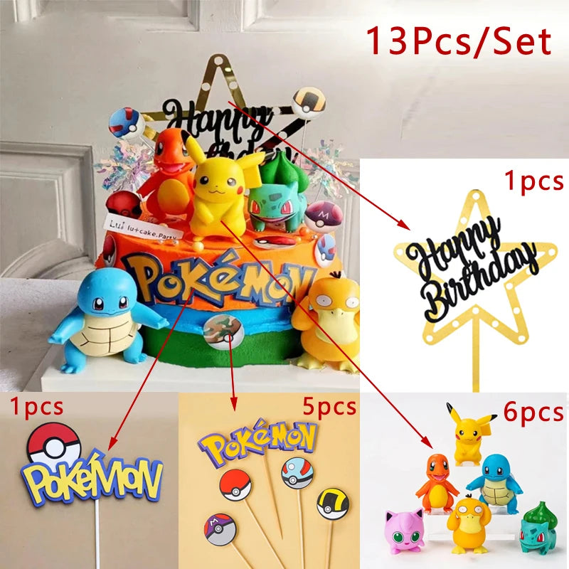 13 PCS Set Pokemon Cake Topper Party Anime Figure, Pikachu Happy Birthday Cake Decoration Ornament Pikachu Bulbasaur Psyduck Charmander Squirtle Jigglypuff