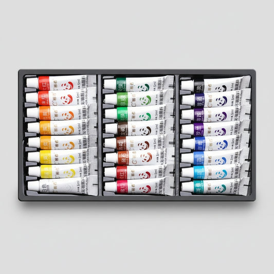 Set of 24 watercolor paint tubes in a black tray with colorful labels.
