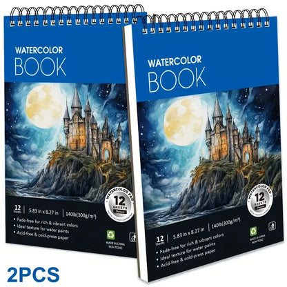 12 Sheets 2 PCS Watercolor Sketchbook 14.81 x 21.01 cm, Cold Press Paper (63.5KG/300gsm) Spiral Bound