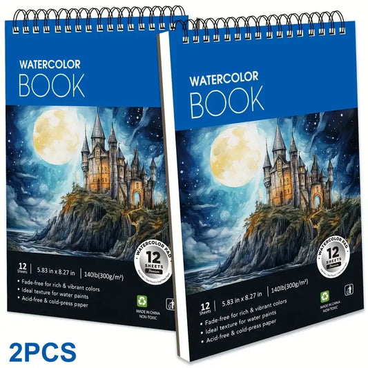 12 Sheets 2 PCS Watercolor Sketchbook 14.81 x 21.01 cm, Cold Press Paper (63.5KG/300gsm) Spiral Bound